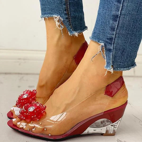 Women's Clear Wedge Sandals – Open Toe Slingback with Flower Crystal Detail