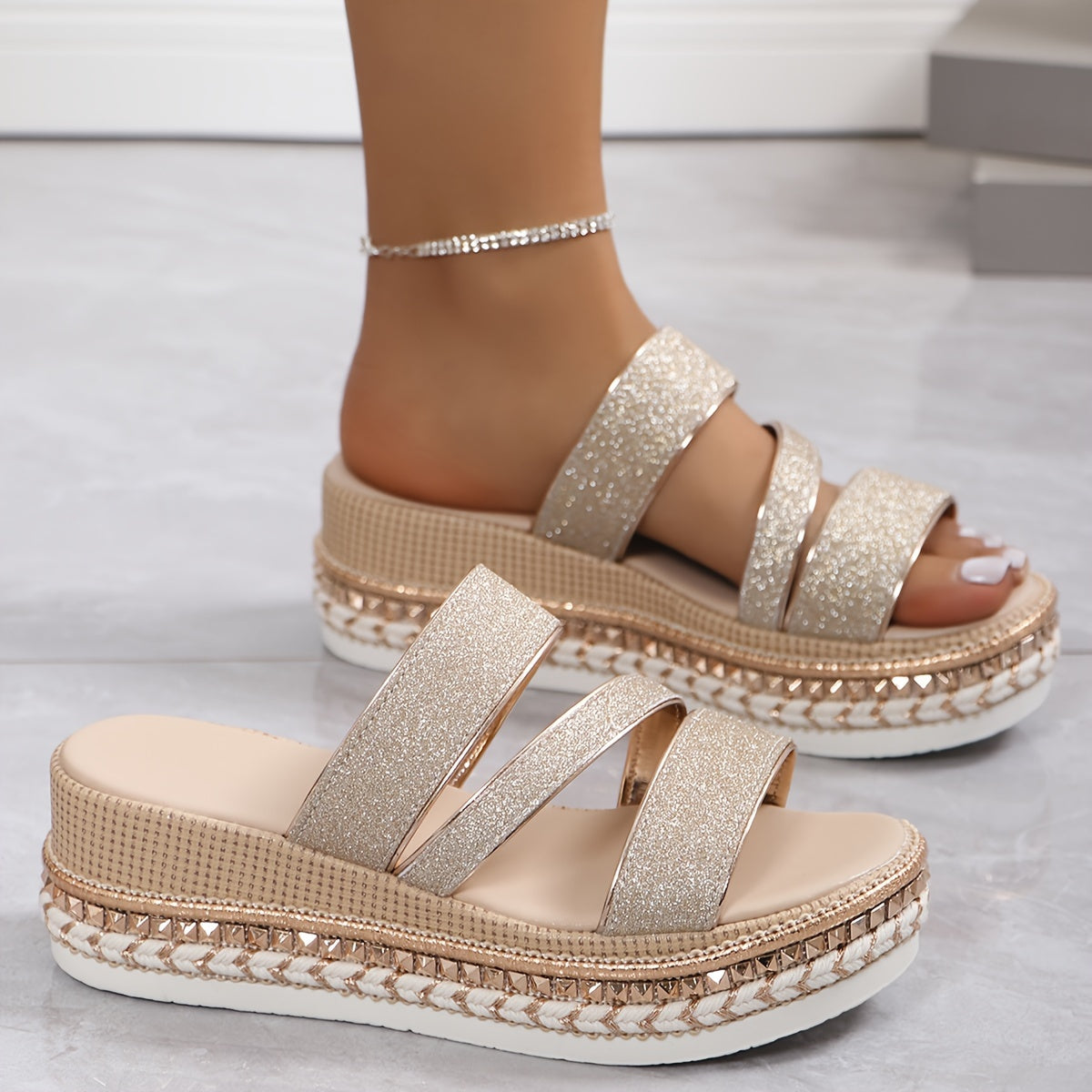 Women’s Gold Open-Toe Platform Sandals with Triple Strap and Slip-On Design