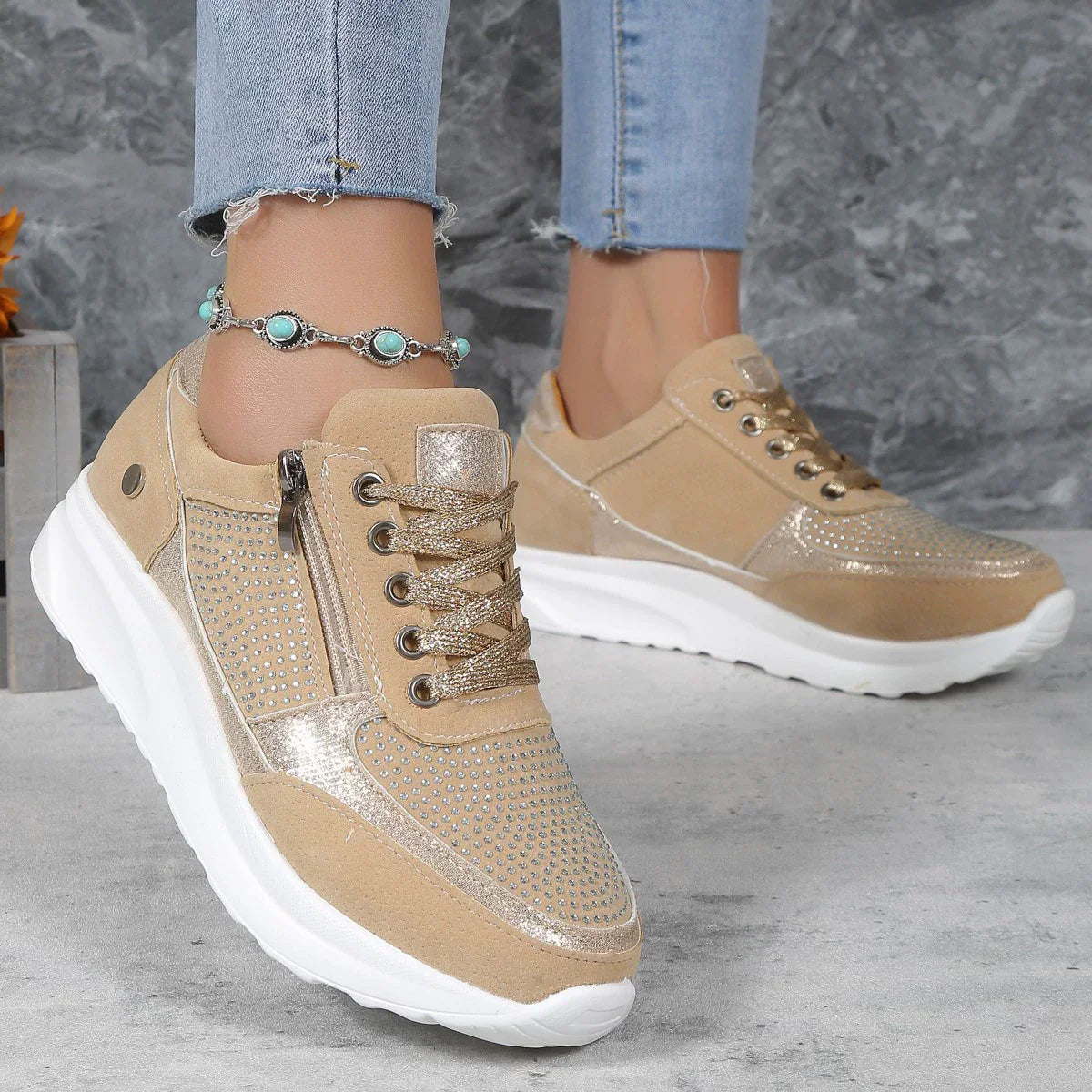 Women’s Lace Up Sneakers with Side Zip and Platform Sole