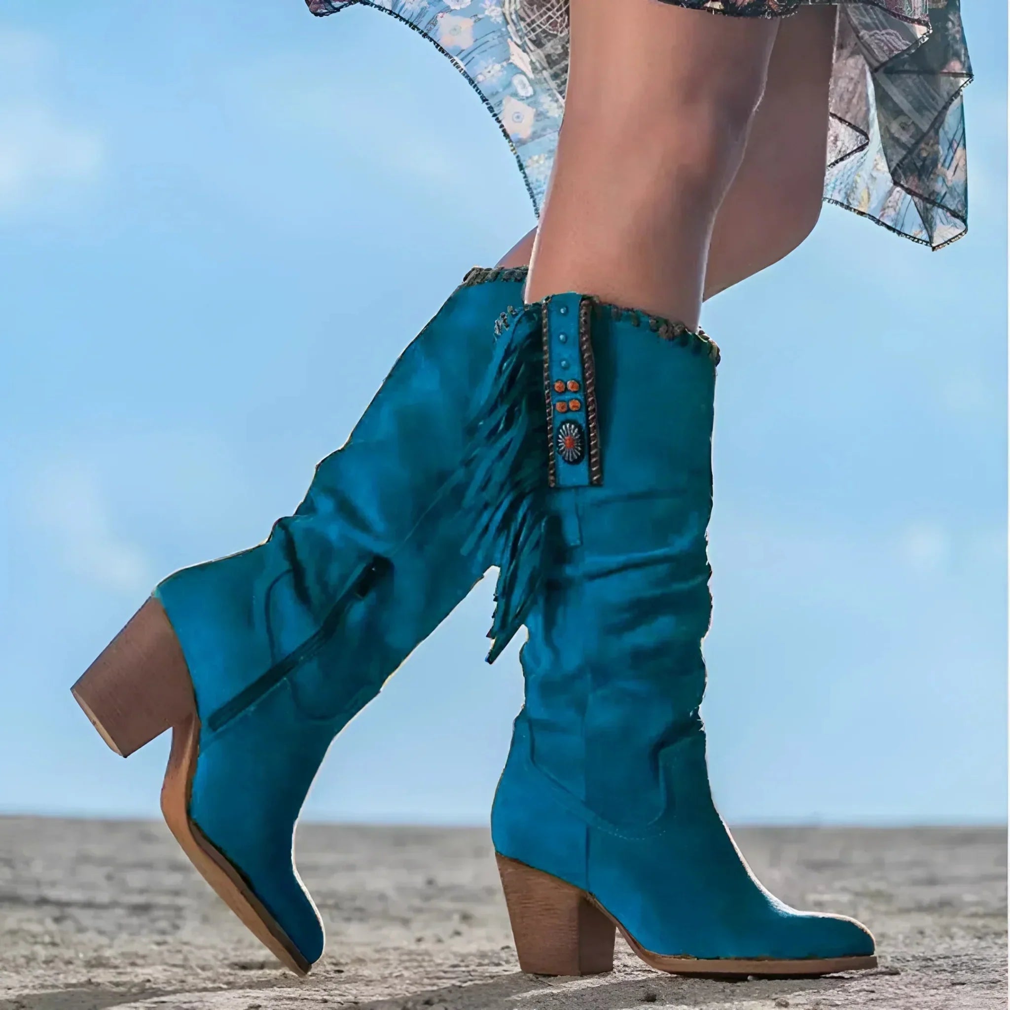 Women’s Mid-Calf Fringe Western Boots with Block Heel