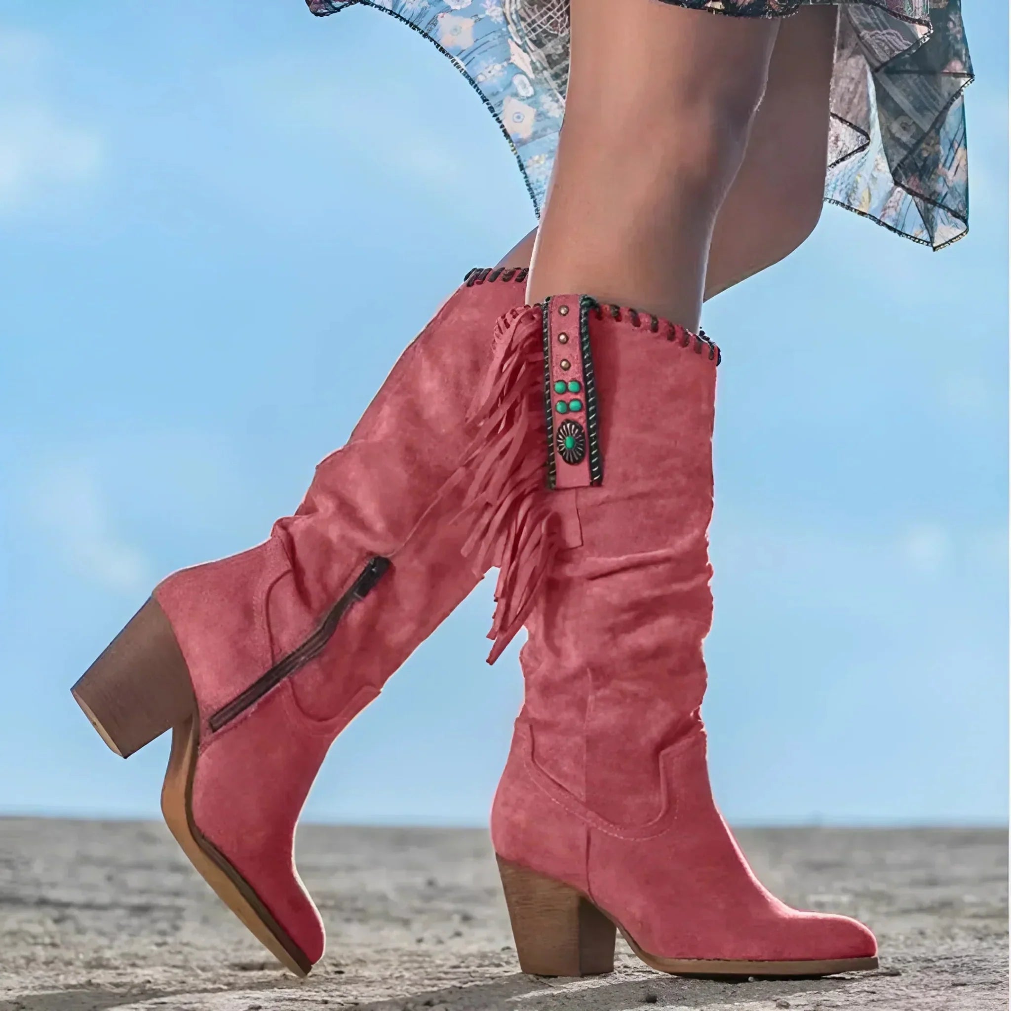 Women’s Mid-Calf Fringe Western Boots with Block Heel