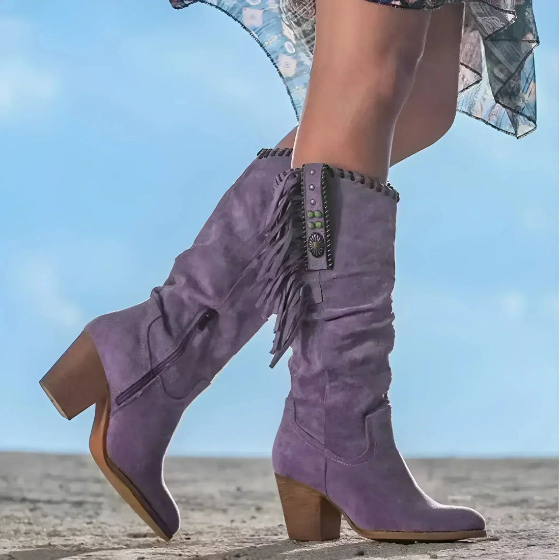 Women’s Mid-Calf Fringe Western Boots with Block Heel