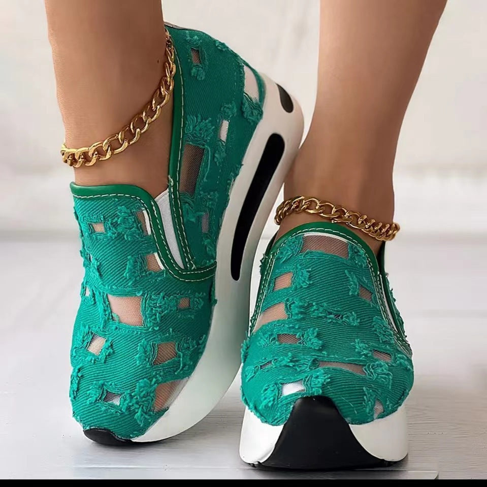 Women's Platform Sneakers – Round Toe Slip-On with Cutout Mesh Denim Upper