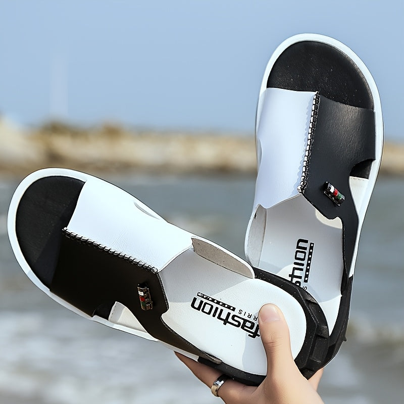 Men's Slide Sandals – Open Toe Slip-On with Contrast Panel and Flat Sole