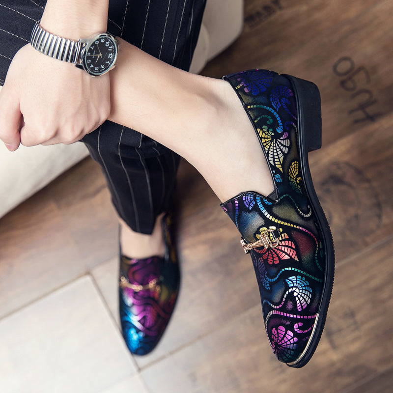 Men's Slip-On Loafers - Pointed Toe - Floral Print Upper - Metal Bit Hardware