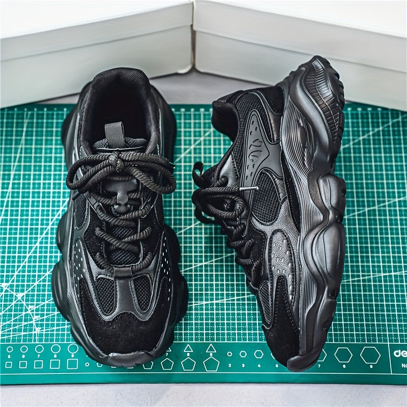 Men's Leather Chunky Sneakers - Lace-Up Design - Mesh Panels - Thick Sculpted Sole