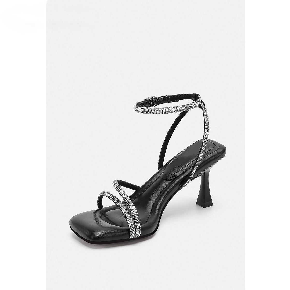 Women's Strappy Heels - Square Toe - Rhinestone Straps - Ankle Buckle - Spool Heel