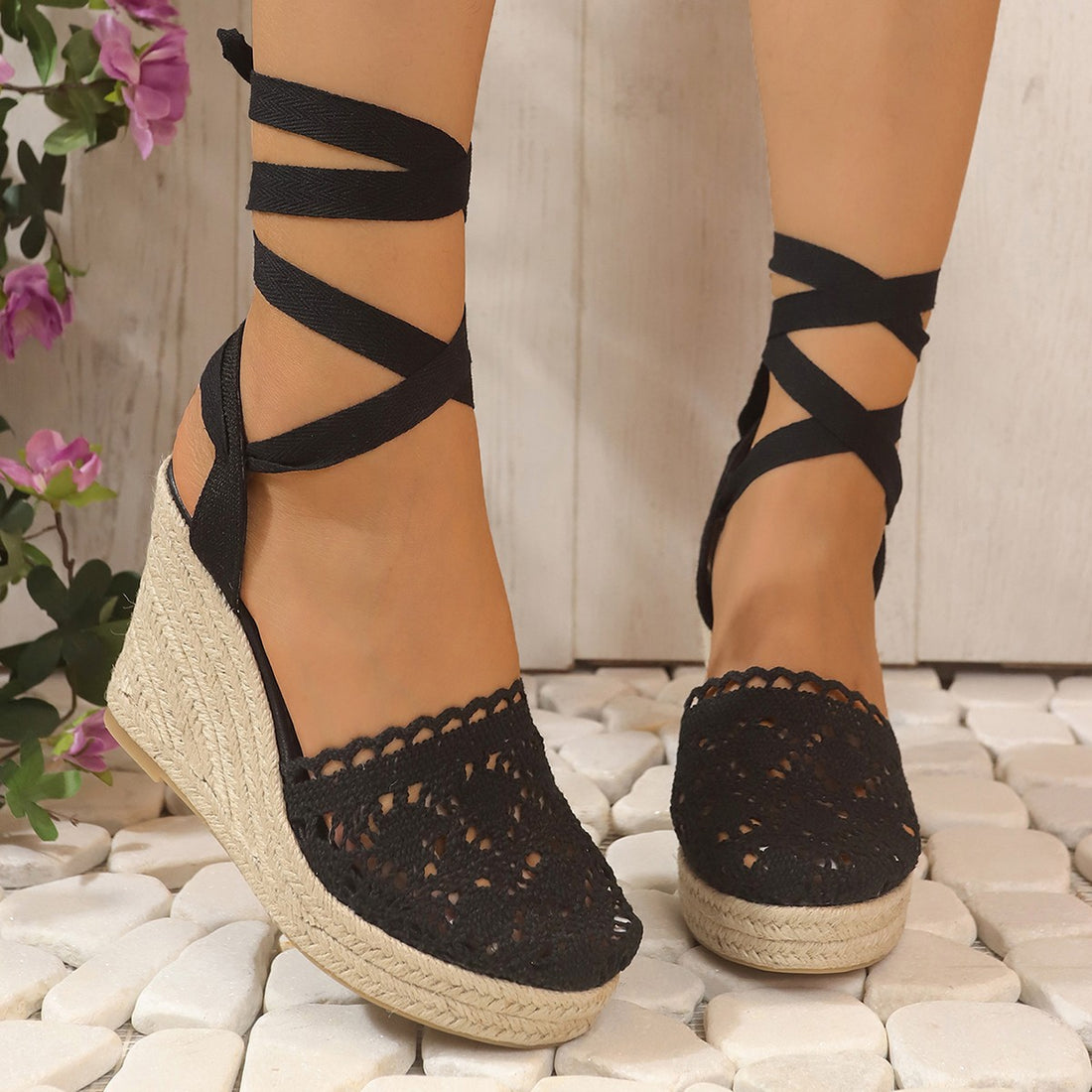 Women's Strappy Espadrille Wedge Sandals – Closed Toe Crochet Ankle Tie