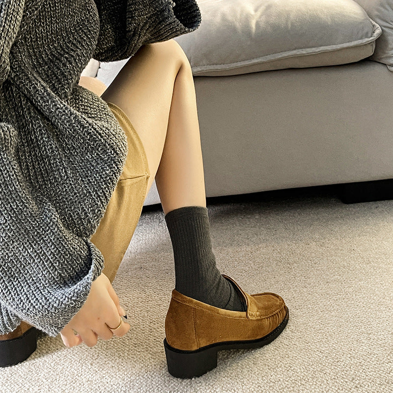 Women's Suede Penny Loafers with Block Heel and Round Toe