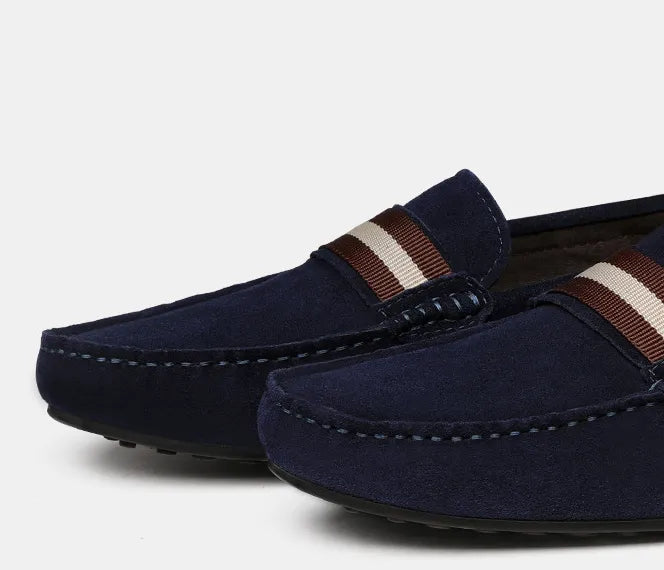 Men's Slip-On Penny Loafers - Suede - Striped Strap Detail