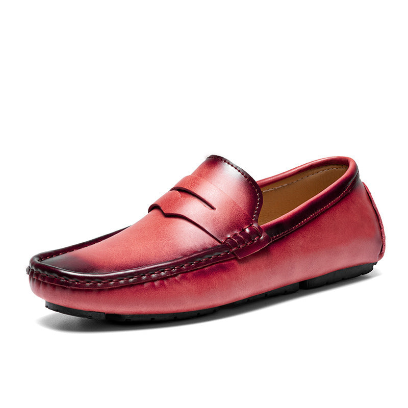 Men's Leather Penny Loafers with Rounded Toe and Rubber Sole