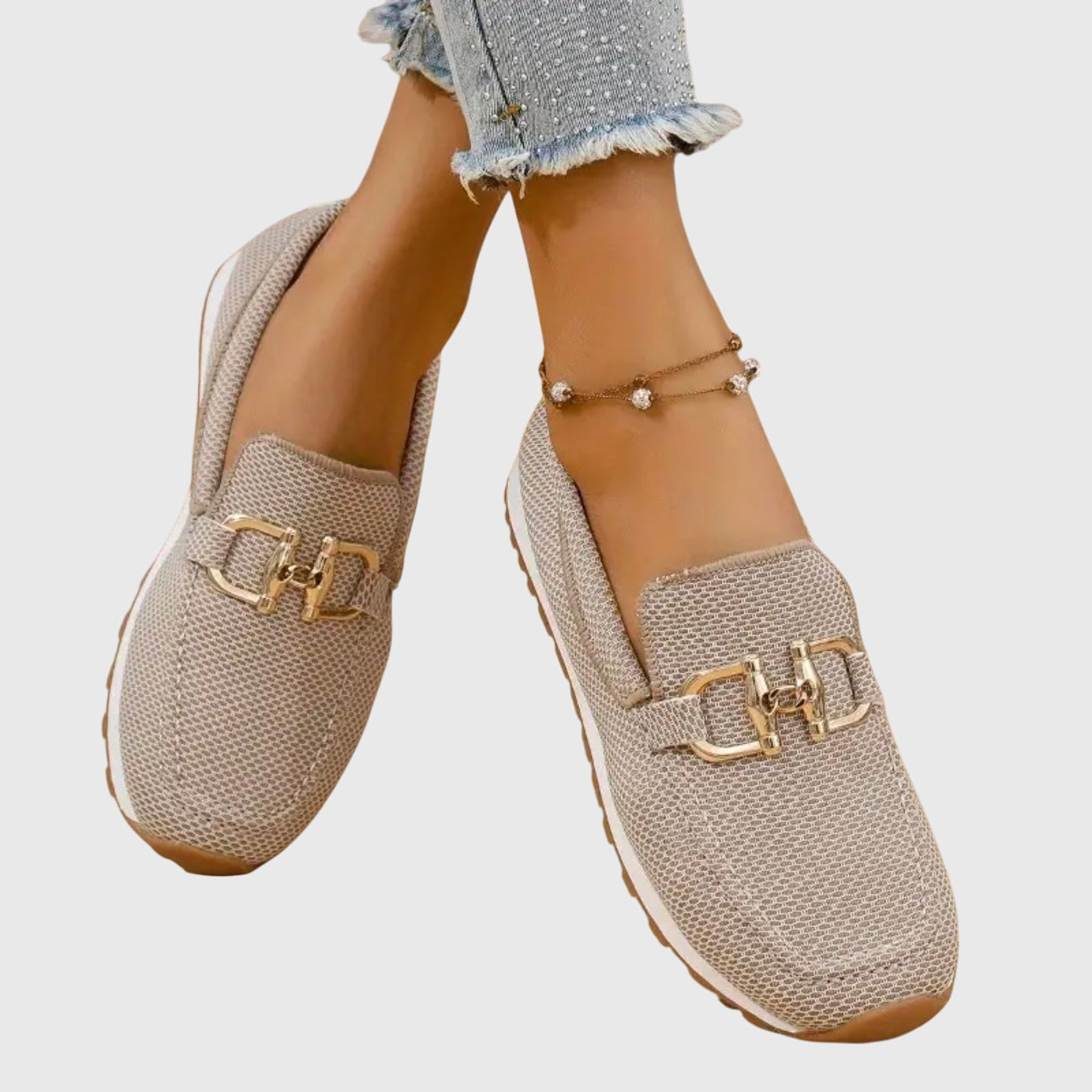 Women’s Almond Toe Slip-On Sneakers with Metal Bit Detail and Textured Rubber Sole