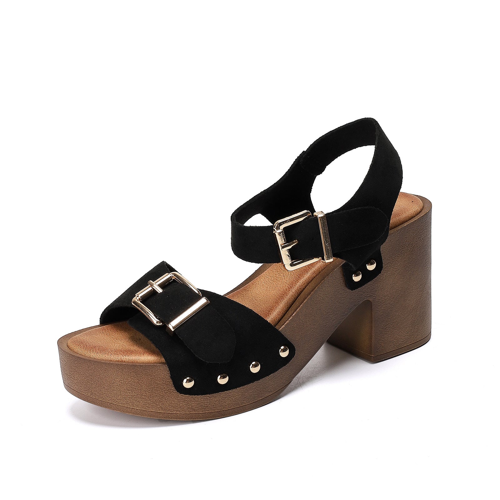 Women's Open Toe Platform Sandals with Double Buckle Strap and Block Heel