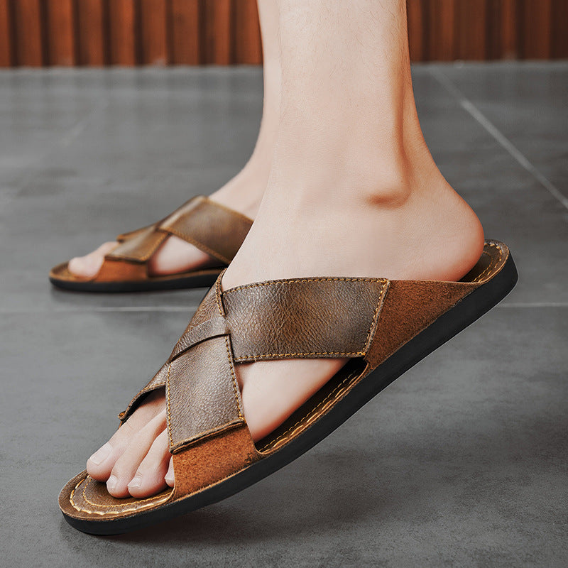 Men's Leather Slide Sandals - Open Toe Cross-Strap Slip-On - Topstitched Footbed