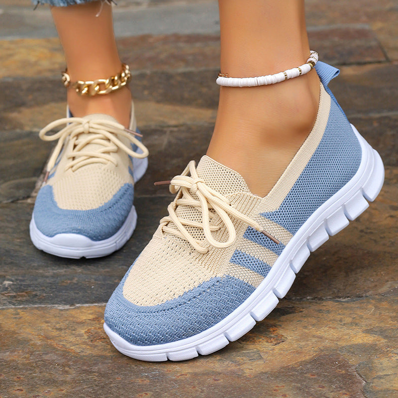 Women's Lace-Up Casual Sneakers - Round Toe - Knit Mesh Upper - Flat Sole