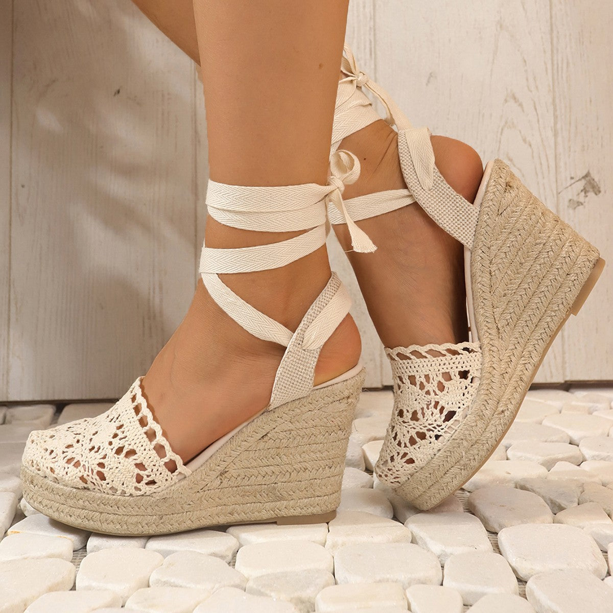 Women's Strappy Espadrille Wedge Sandals – Closed Toe Crochet Ankle Tie
