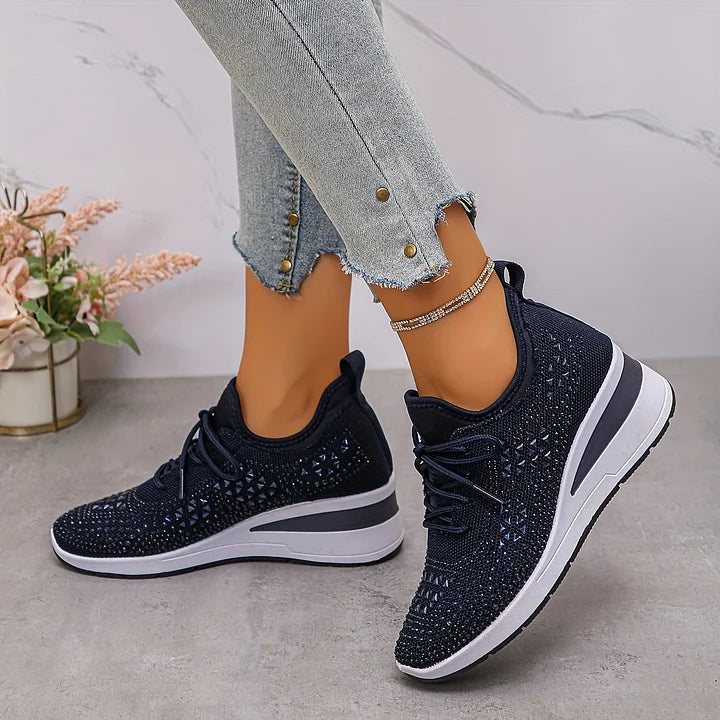 Women's Knit Lace-Up Sneakers - Rhinestone Detail - Wedge Sole