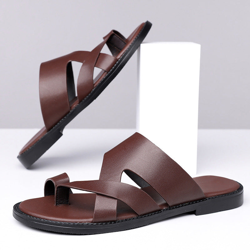 Men's Open Toe Strappy Leather Sandals – Toe Loop Slip-On with Rubber Sole