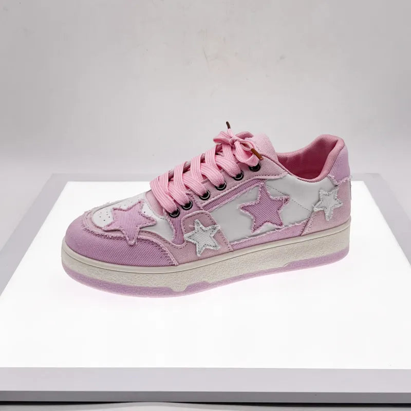 Women’s Star Pattern Casual Sneakers - Lace-Up Denim Style - Low Top Street Shoes