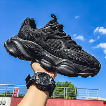 Men's Leather Chunky Sneakers - Lace-Up Design - Mesh Panels - Thick Sculpted Sole