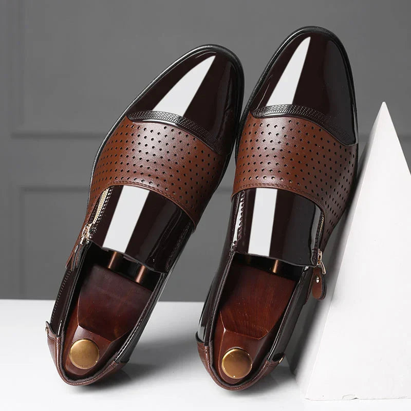 Men's Pointed Toe Dress Shoes - Side Zip - Patent Panel Upper Low Heel