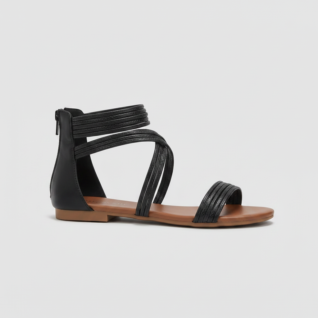 Women's Strappy Multi-Band Ankle Wrap Zipper Flat Sandals