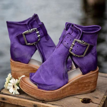 Women's Open Toe Wedge Sandals - Buckle Closure - Platform Ankle