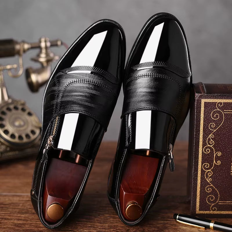 Men's Pointed Toe Dress Shoes - Side Zip - Patent Panel Upper Low Heel