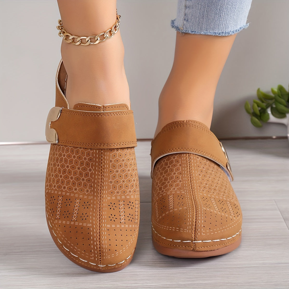 Women's Slip-On Mule Flats - Round Toe - Perforated Upper - Metal Buckle Detail