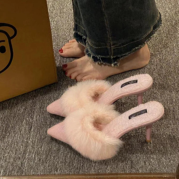 Women’s Pointed Toe Mule Heels with Faux Fur Trim and Stiletto Heel