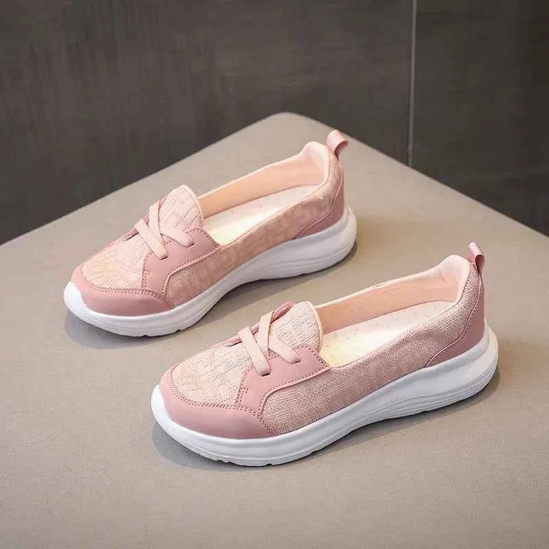 Women's Lace-Up Platform Sneakers - Mixed Material Low-Top