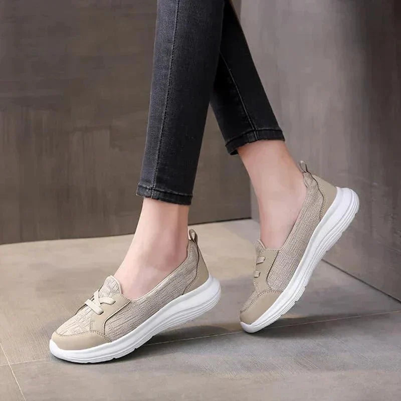 Women's Lace-Up Platform Sneakers - Mixed Material Low-Top