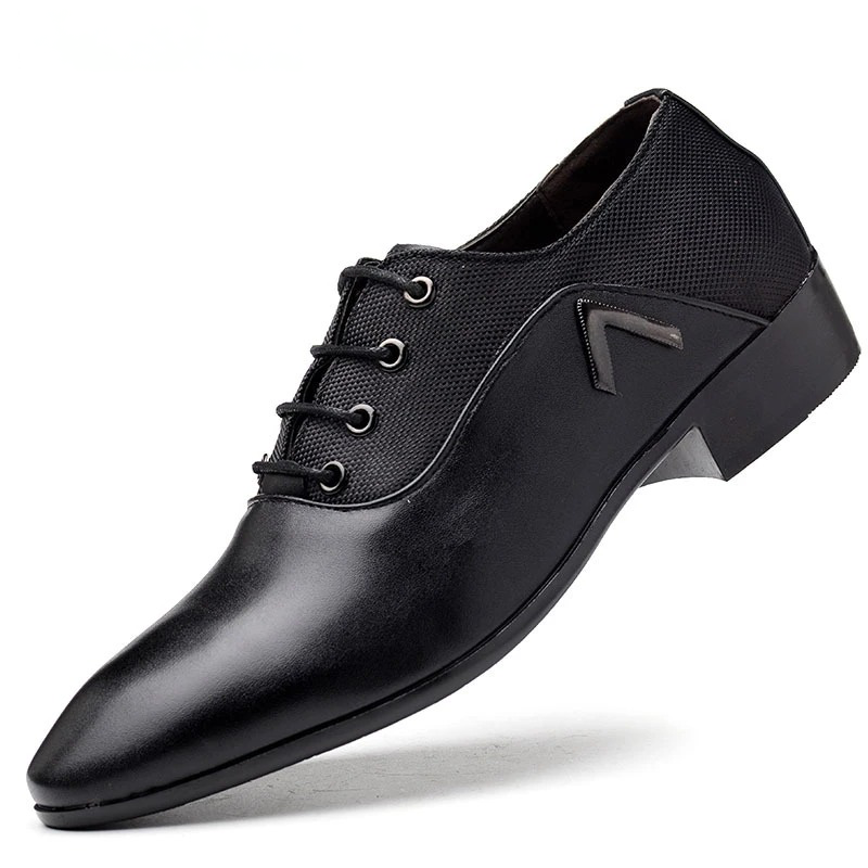 Men’s Pointed Toe Faux Leather Lace-Up Dress Shoes with Panel Contrast Design