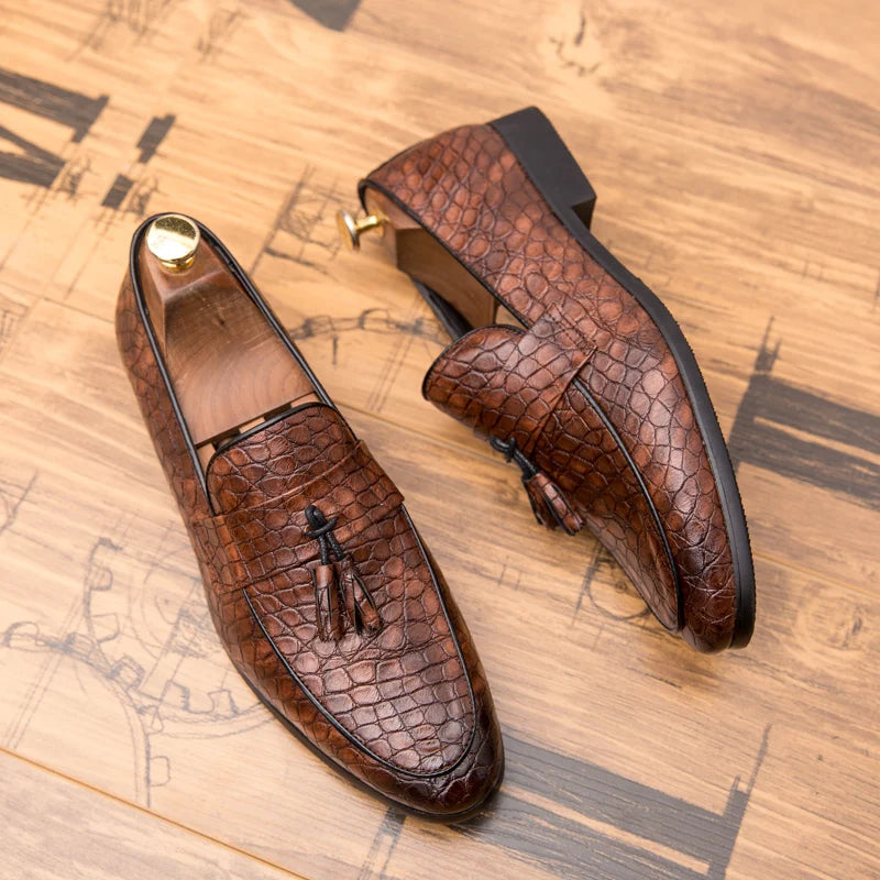Men's Tassel Loafers - Slip-On Croc Embossed Upper - Pointed Toe