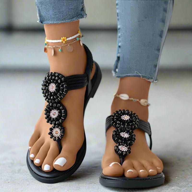 Women’s Flat Open Toe Sandals with Decorative Front Detail and Slip-On Design