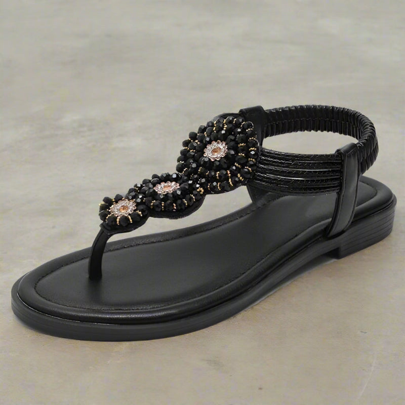 Women’s Flat Open Toe Sandals with Decorative Front Detail and Slip-On Design