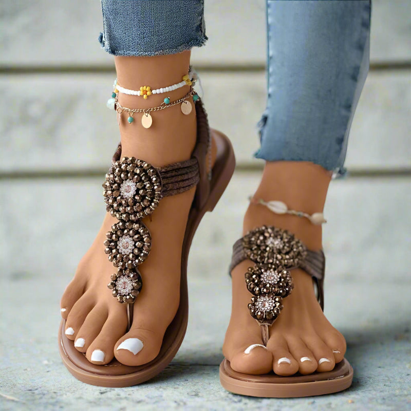 Women’s Flat Open Toe Sandals with Decorative Front Detail and Slip-On Design