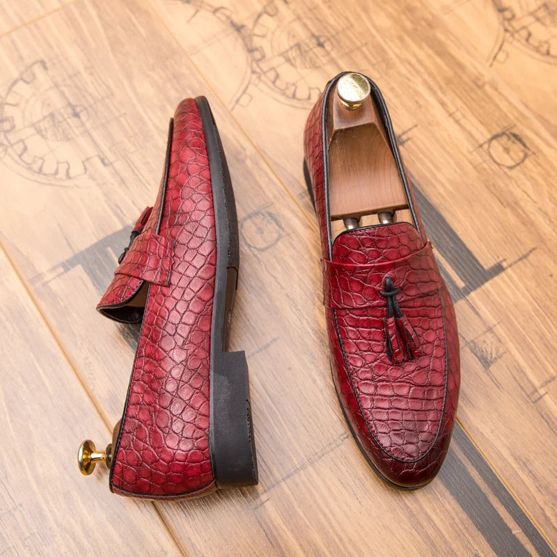 Men's Tassel Loafers - Slip-On Croc Embossed Upper - Pointed Toe