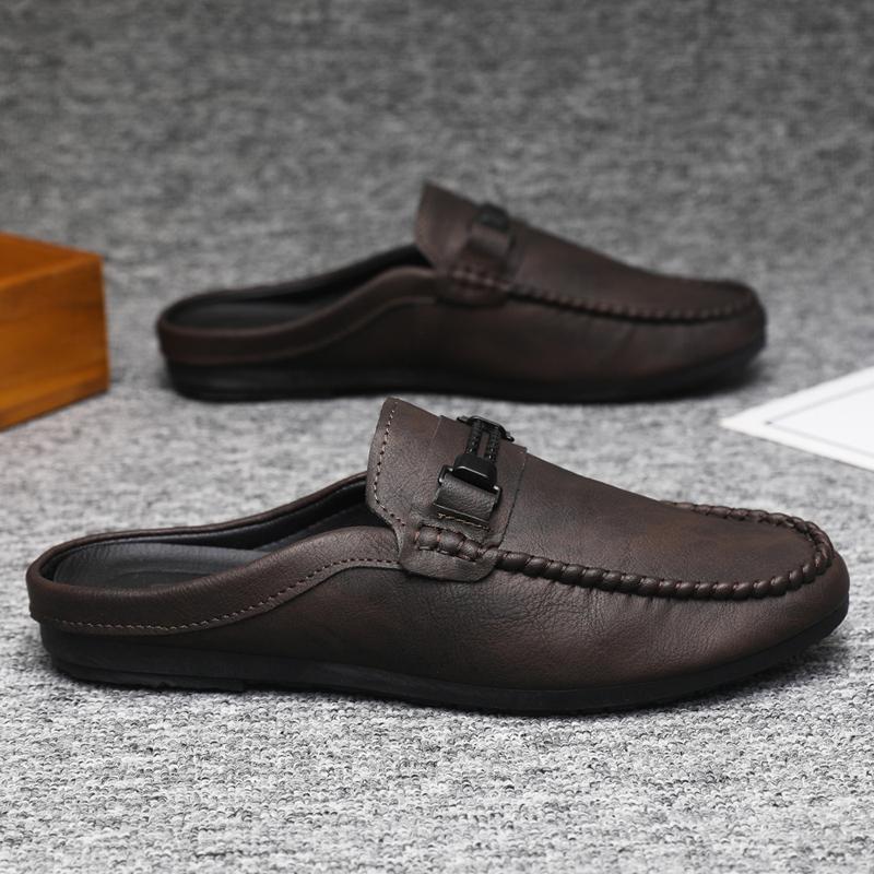 Men's Slip On Loafers Mule – Open Back Round Toe with Buckle Strap Trim