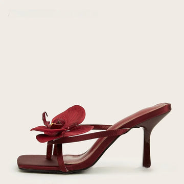 Women's Red Square Toe Heeled Mules - 3D Orchid Appliqué Thong Strap Stiletto