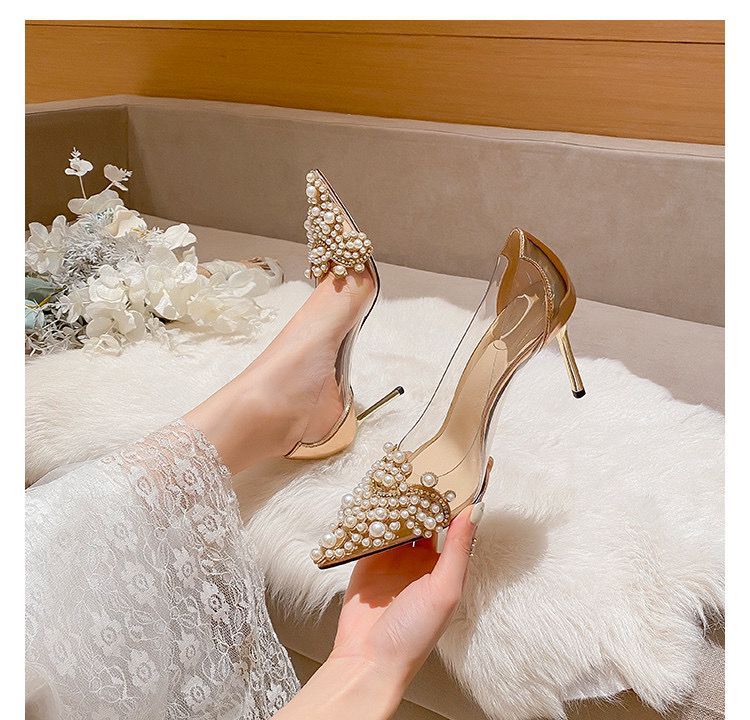 Women's Clear PVC Pointed Toe Pumps with Pearl Embellishment and Stiletto Heel