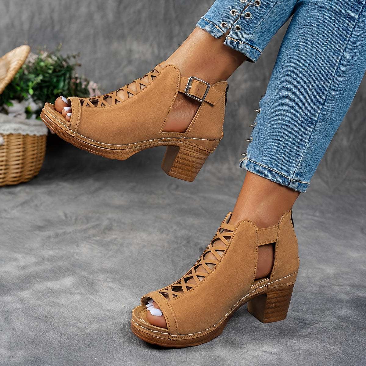 Women's Open Toe Heeled Sandals - Cut-Out Upper - Buckle and Back Zip