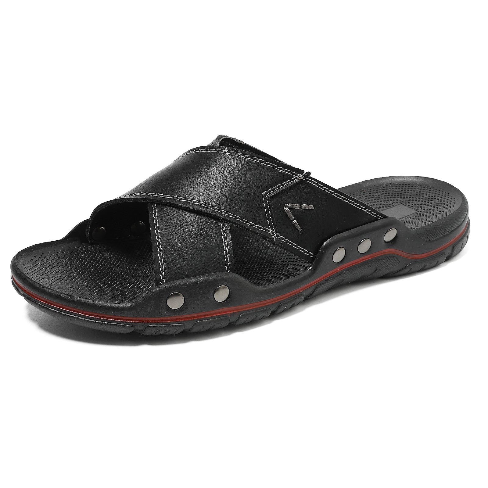 Men's Open Toe Strappy Leather Sandals – Crossover Slide with Studded Sole