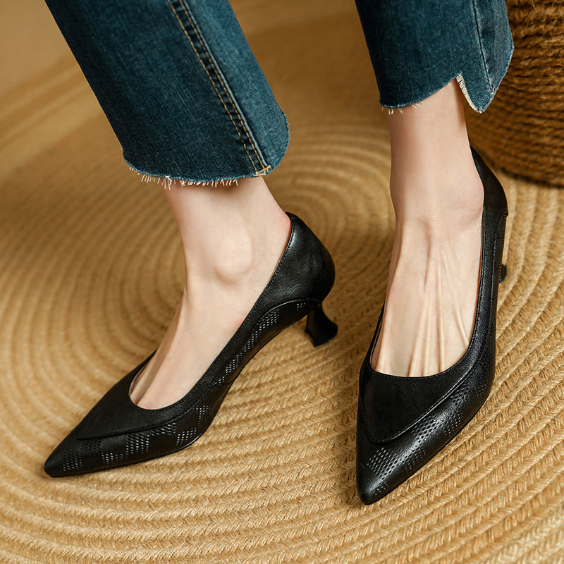 Women's Leather Kitten Heels - Pointed Toe Slip-On Pumps - Embossed Upper