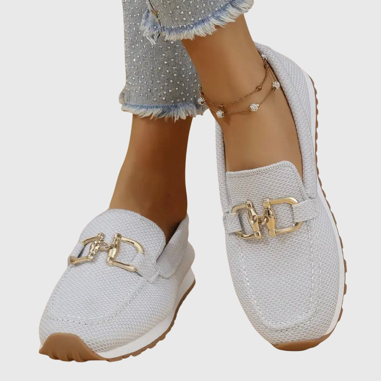Women’s Almond Toe Slip-On Sneakers with Metal Bit Detail and Textured Rubber Sole