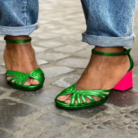 Women’s Open Toe Sandals with Block Heel - Ankle Strap Buckle