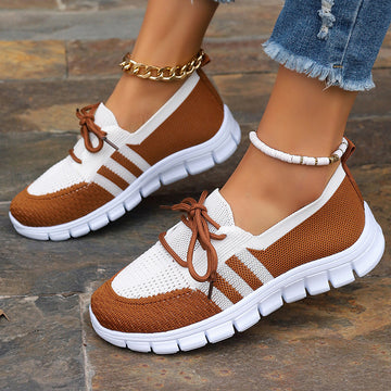 Women's Lace-Up Casual Sneakers - Round Toe - Knit Mesh Upper - Flat Sole