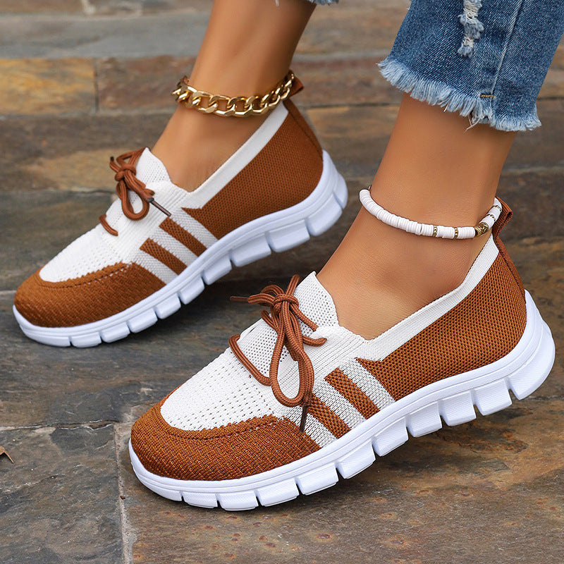 Women's Lace-Up Casual Sneakers - Round Toe - Knit Mesh Upper - Flat Sole