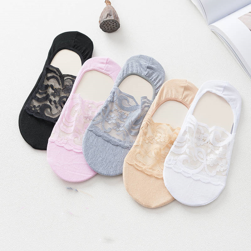 Women's Lace No-Show Socks 5-Pair Set – Floral Mesh with Cotton Heel Toe