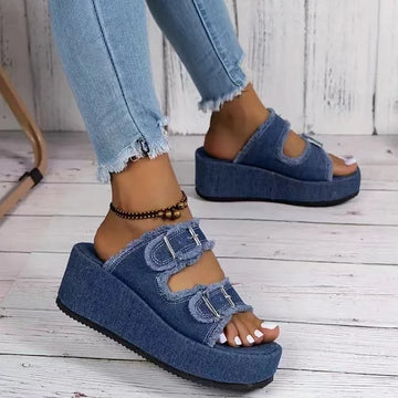 Women’s Open Toe Platform Slide Sandals with Double Buckle Straps